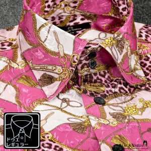 サテンシャツ ドレスシャツ レギュラーカラー メンズ ドゥエボットーニ チェーン柄 豹柄 ジャガード 日本製(ピンク桃) 181718