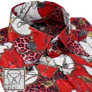 サテンシャツ ドレスシャツ レギュラーカラー メンズ ドゥエボットーニ チェーン柄 豹柄 ジャガード 日本製(レッド赤) 181718