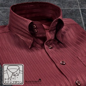 サテンシャツ ドレスシャツ ドゥエボットーニ ストライプ柄 スナップダウン 日本製 ジャガード メンズ(ワインレッド赤) 191850