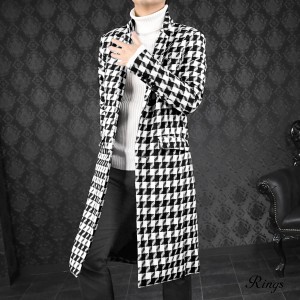 チェスターコート 千鳥柄 メンズ ジャガード シングル アウター ロングコート mens(千鳥柄ホワイト白ブラック黒) 139313