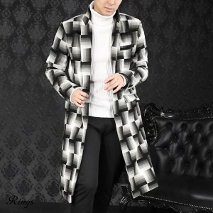 チェスターコート チェック柄 メンズ ジャガード シングル アウター ロングコート mens(チェック柄ブラック黒グレー灰) 139313