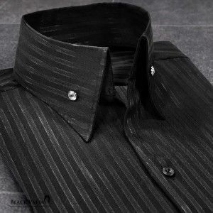 サテンシャツ ドレスシャツ スキッパー ストライプ メンズ ジャガード ボタンダウン スリム 日本製 無地 mens(ブラック黒) 191852