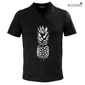 メール便可/1枚まで Tシャツ 半袖 Vネック パイナップル 果物 フルーツ メンズ(ブラック黒ホワイト白) zkk060