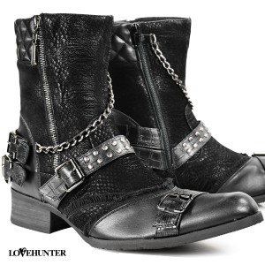 ブーツ サイドジップ スタッズ メンズ パイソン ベルト ショートブーツ 靴 mens(ブラック黒) 6803
