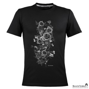 メール便可/1枚まで Tシャツ 半袖 クルーネック バラ 薔薇柄 花 丸首 メンズ スリム 細身 mens(ブラック黒) crzkk041