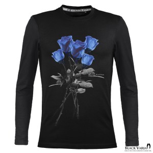 メール便可/1枚まで Tシャツ 長袖 クルーネック 薔薇 バラ柄 花柄 丸首 メンズ スリム 細身 mens(ブラック黒) crzkk025ls