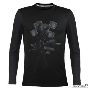 メール便可/1枚まで Tシャツ 長袖 クルーネック 薔薇 バラ柄 花柄 丸首 メンズ スリム 細身 mens(ブラック黒) crzkk025ls