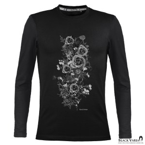 メール便可/1枚まで Tシャツ 長袖 クルーネック バラ 薔薇柄 花 丸首 メンズ スリム 細身 mens(ブラック黒) crzkk041ls