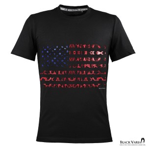 メール便可/1枚まで Tシャツ 半袖 クルーネック 星条旗 星 国旗 USA アメリカン ヒョウ 豹 丸首 細身(ブラック黒レッド赤) crzkk050