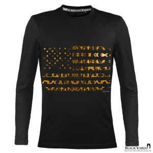 メール便可/1枚まで Tシャツ 長袖 クルーネック 星条旗 星 国旗 アメリカ USA アメリカン ヒョウ 豹 丸首 細身(ブラック黒) crzkk050ls