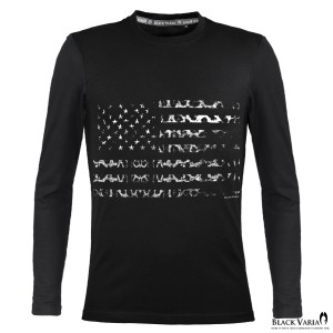 メール便可/1枚まで Tシャツ 長袖 クルーネック 星条旗 星 国旗 アメリカ USA アメリカン ヒョウ 豹 丸首 細身(ブラック黒) crzkk050ls