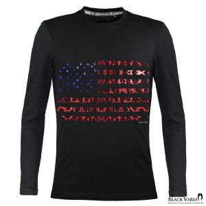 メール便可/1枚まで Tシャツ 長袖 クルーネック 星条旗 星 国旗 アメリカ USA アメリカン ヒョウ 豹 丸首 細身(ブラック黒) crzkk050ls