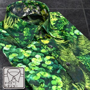サテンシャツ ドゥエボットーニ ボタニカル柄 ドレスシャツ レギュラーカラー ジャガード パーティー メンズ mens(グリーン緑) 211800