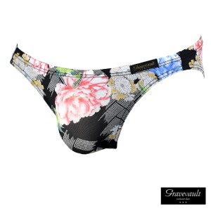 ビキニパンツ ブリーフ フルバック 牡丹 花 菊 日本製 アンダーウェア 下着 メンズ mens(ブラック黒) 3051955