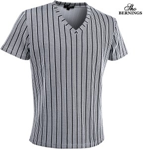 Tシャツ 半袖 Vネック ストライプ柄 メンズ シンプル mens(ホワイト白ブラック黒) 303922