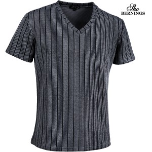 Tシャツ 半袖 Vネック ストライプ柄 メンズ シンプル mens(グレー灰ブラック黒) 303922