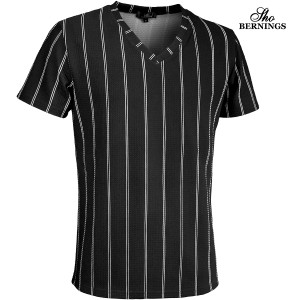 Tシャツ 半袖 Vネック ストライプ柄 メンズ シンプル mens(ブラック黒) 319032