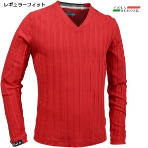 VIOLA rumore ヴィオラ ビオラ Tシャツ 長袖 Vネック ストライプジャガード メンズ シンプル mens(レッド赤) 31200