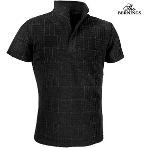 ポロシャツ 半袖 イタリアンカラー パイル素材 タオル地 メンズ スキッパー 襟ワイヤー ストレッチ mens(ブラック黒) 342442