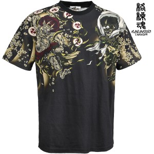 からくり魂 絡繰魂 Tシャツ 半袖 クルーネック 風神雷神 和彫 和柄 メンズ mens(ブラック黒) 232843