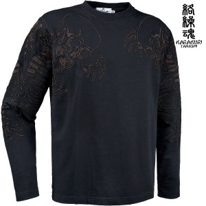 からくり魂 絡繰魂 粋 Tシャツ 長袖 クルーネック クルーネック がしゃどくろ 和柄 刺繍 メンズ ロンT mens(ブラック黒) 233113