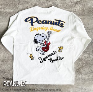 スヌーピー SNOOPY Tシャツ 長袖 クルーネック ギター peanuts バックプリント 刺繍(ホワイト白) 433046