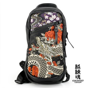 和柄 刺繍 桜 ボディバッグ ショルダーバッグ 鞄 かばん(龍ブラック黒) 234910
