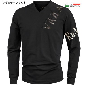 VIOLA rumore ヴィオラ ビオラ Tシャツ 長袖 Vネック ラインストーン メンズ mens(ブラック黒×金ロゴ) 42201