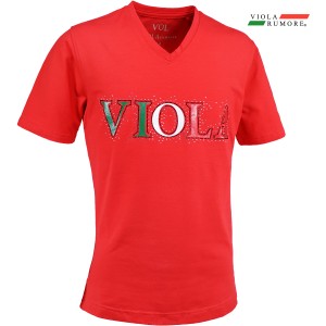 VIOLA rumore ヴィオラ ビオラ Tシャツ 半袖 Vネック ラインストーン ロゴ メンズ(レッド赤) 42333