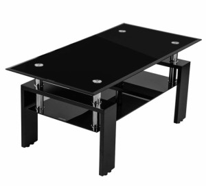 (OSJ)ガラステーブル コーヒーテーブル 幅88cm 強化ガラス天板(ブラック天板+ブラック脚)