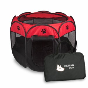 ペットサークル 折りたたみ BIGWING 八角形 プレイサークル 犬 猫 兼用 コンパクト メッシュ お出かけ用品 (S, レッド)