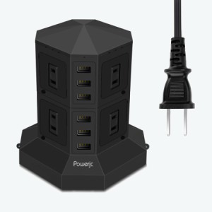 POWERJC タワー式 電源タップ 縦型コンセント AC差込口+USBポート約3M USB急速充電器 スイッチ付 掛ける可能 職場用 2層 ブラック PSE認