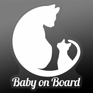 Exproud製 Baby on Board ネコ親子シルエット ホワイトxクリア ステッカー シール 13.5x11.1cm 赤ちゃんが乗っています