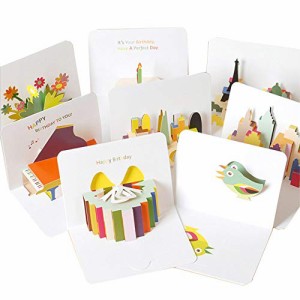 moin moin メッセージ カード バースデー 誕生日 カラフル 立体 3D 飛び出す カード + 封筒 8種セット (誕生日ケーキ/ピアノ/プレゼント