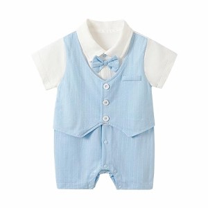 Mum＆nny フォーマル ロンパース 半袖 ベビー服 男の子 蝶ネクタイ付き 春 夏 0-24ヶ月 お宮参り 66CM ブルーストライプ