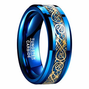 ヴァッキ 指輪 メンズ リング タングステン 炭素繊維 カーボンファイバー ドラゴン 竜紋 耐久性 高級 平打ち 幅:8mm カラー:ブルー（メ