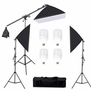 Konseen 写真撮影用照明キット ソフトボックス 50x70cm LED電球 4個 58W 5500K 2M調整可能なライトスタンド 140cm アームブーム スタジオ