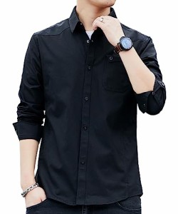 SHANLIANG メンズ シャツ 長袖 黒シャツ メタルボタンシャツ ベーシック カラー シャツジャケット ビジネス 無地 カジュアル コットン 