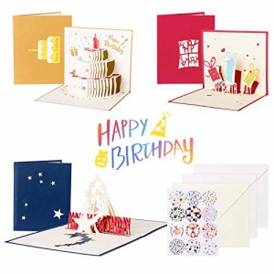 Kesote バースデーカード 誕生日カード メッセージカード ポップアップカード 立体カード 3枚セット グリーティングカード 封筒 封かんシ