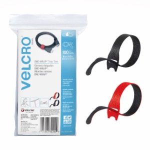 VELCRO ブランドケーブルタイ 100本パック - 8 x 1/2インチ 赤と黒 再利用可能なジップタイの代替品 ワンラップ 薄型 プレカットコード整