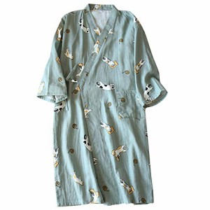ルームウェア レディース 浴衣 ガウン 和装 パジャマ 寝間着 バスローブ 寝巻き 綿 可愛い 花柄 ネコ グリーン