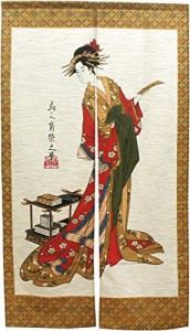 のれん 浮世絵 和風 タペストリー半間のれん 伝統 幅85×丈150cm 短冊と女 モヘア生地 3027