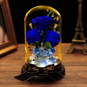可愛い プリザーブドフラワー バラ ブルー ローズ 薔薇 花 ガラスドーム LEDライト付き 木製ベース ブリザードフラワー ロマンティック 