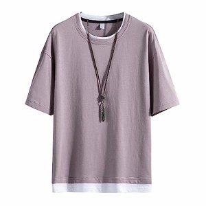 Hiboss tシャツ メンズ 半袖 無地 重ね着風 大きいサイズ ゆったり 五分袖 メンズ 夏服 パープルM