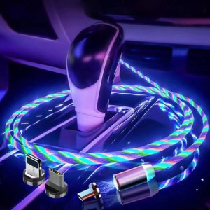 車内USB充電ケーブルライト 車内デコレーションライト LED発光ケーブルライト 超高輝度 マグネット端子 一本三役 3in1 360℃超強力吸着 