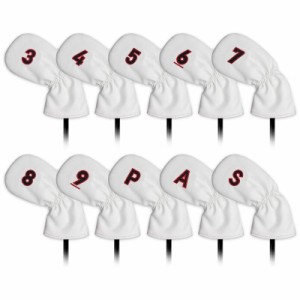ゴルフ ヘッドカバー アイアンクラブ セット メンズ 左右兼用 10枚 (3-9,P,A,S) レッド 両面番号刺繍 ホワイト 合成皮革製 PUレザー ロン