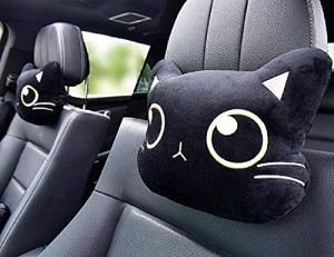 URI ネックパッド 車 クッションン かわいい猫 アニマル 漫画 ヘッドレスト 運転 車用品 旅行 ドライブ 枕 （ブラック 1pc）