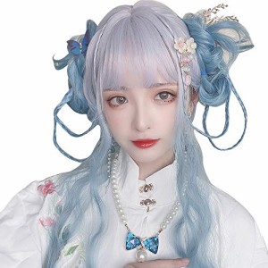 ウィッグ ロリータ 原宿風 GAL系 耐熱ウィッグ コスプレ 日常 （白 水色 混色） ロング グラデーション ロリィタ 森ガール ゆめかわいい 