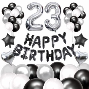 60枚 23歳 誕生日 飾り付け セット 数字バルーン 組み合わせ HAPPY BIRTHDAYバナー ブラック シルバー 風船 誕生日 デコレーション 
