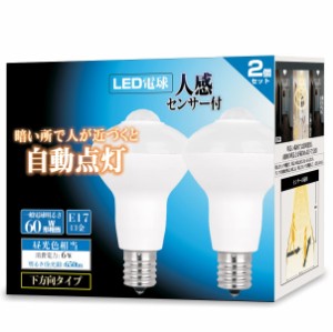 LED電球 人感センサー付 E17口金 60形相当 昼光色 6W 650lm 下方向タイプ 明暗センサー付 小型電球 玄関/廊下/トイレ 2個セット LDA6D60-